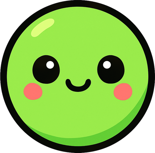 crea la imagen de una pelotita simple con una carita kawai verde.
In-Game asset.  2d.  High contrast.  No shadows