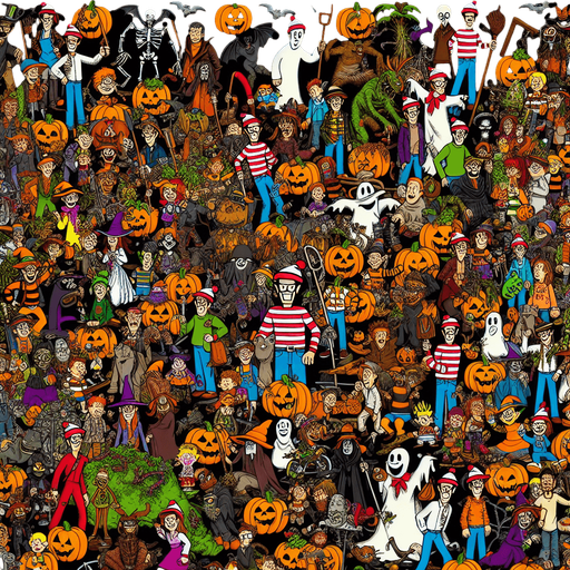 Generate a high quality cartoon background Halloween image on a black canvas similar to the format of where is waldo.
Single Game Texture. In-Game asset. 2d. Blank background. High contrast. No shadows.