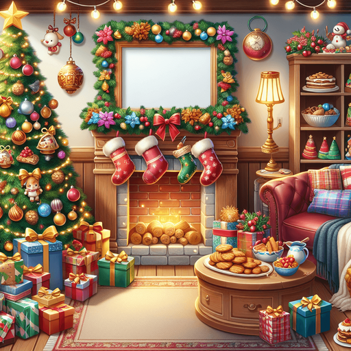 A cozy living room with a christmas tree, presents, snacks, ornaments and everythning in place for christmas. Single Game Texture. In-Game asset. 2d. Blank background. High contrast. No shadows.