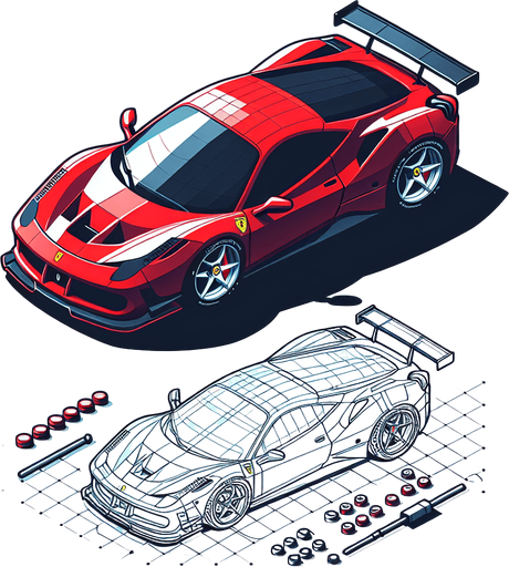 Ferrari car.
Single Game Texture. In-Game asset. 2d. Blank background. High contrast. No shadows.