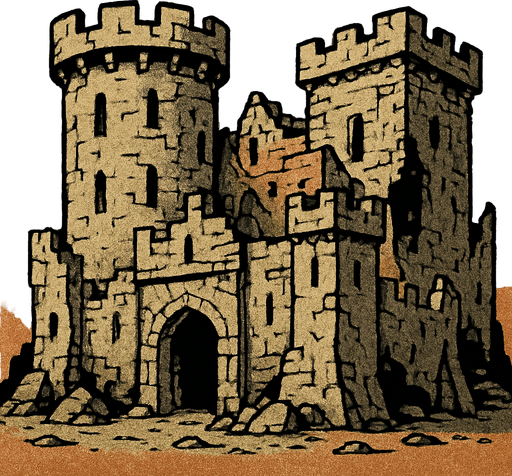 bunu yıpranmış orta çağ şatosuyla değiştir.
In-Game asset.  2d.  High contrast.  No shadows