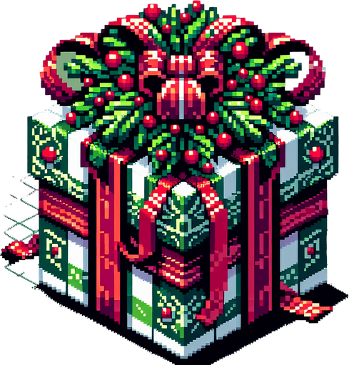 Pixel art of an elaborate green christmas present with red ribbons. Single Game Texture. In-Game asset. 2d. Blank background. High contrast. No shadows.