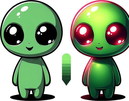 Green alien cartoon. Red eyes. Cute, smiling. Blank background. High contrast. No shadows.