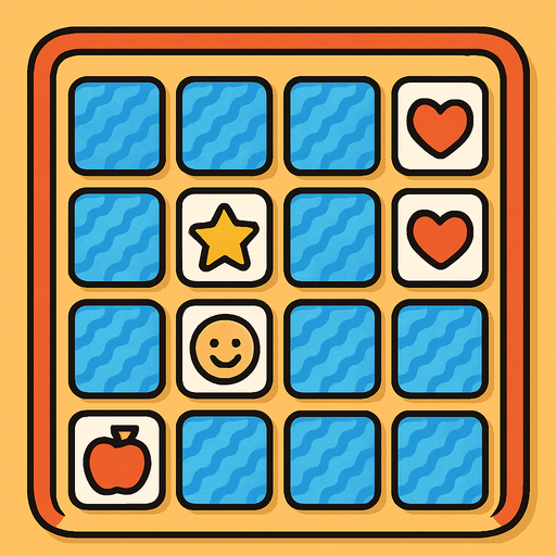 a cartoon style 3d image of a memory match board game with some cards face up and some cards face down..
In-Game asset.  2d.  High contrast.  No shadows