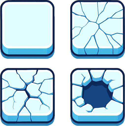 Generate a 2D sprite sheet arranged in a 2x2 grid, featuring a game tile of stylized arctic ice for a mobile game. The art style should be a clean vector illustration with flat colors and high contrast, suitable for a top-down, bird's-eye view. There should be no shadows.
The sprite sheet must show a clear, 4-stage progression of the same tile breaking:
Pristine Tile: A solid, unbroken square of thick ice. Mostly white and light blue.
Minor Cracks: The same tile, but now with thin, hairline fractures spiderwebbing across the surface.
Major Fractures: The cracks have widened into deep fissures, with small pieces of ice chipping away, revealing dark blue water underneath.
Nearly Shattered: A large hole has opened in the center of the tile, surrounded by a few unstable, floating fragments of the original ice. The tile is mostly dark water now..
In-Game asset.  2d.  High contrast.  No shadows