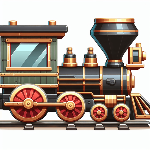 2d western toy train side view.
Single Game Texture. In-Game asset. 2d. Blank background. High contrast. No shadows.