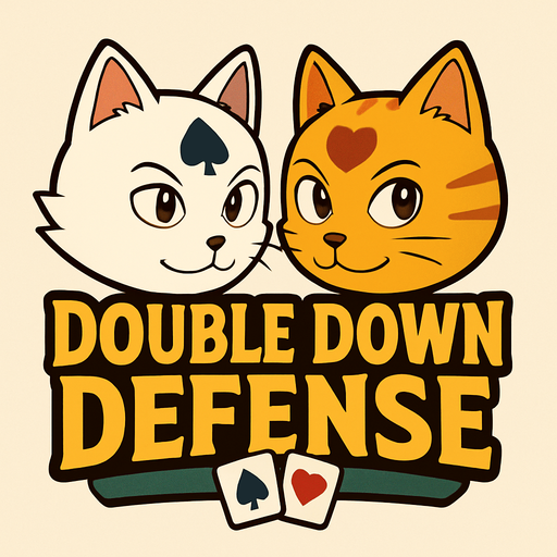 Incorporate these two cats heads into a game logo for a poker based tower defense that includes the name “Double Down Defense”. Put their heads offset on either side with eyes open and looking at the logo.