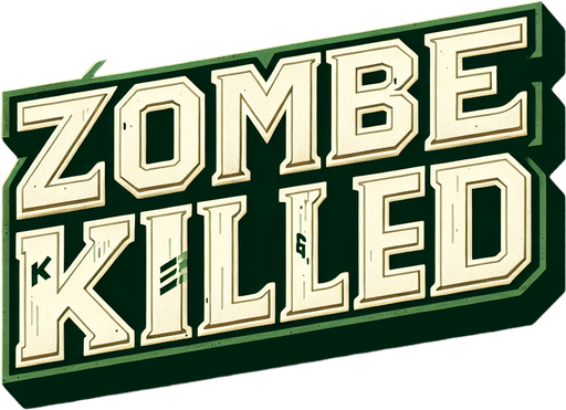 A bold, uppercase text displaying 'Zombie Killed' in a vintage sports-style font. The letters are thick, blocky, and have a three-dimensional effect with a dark outline. The text is off-white with a slightly aged and worn texture. The background is deep green, providing a strong contrast. The text is displayed horizontally, maintaining a structured and professional look. The font has sharp, angular edges, resembling varsity or athletic lettering commonly seen on sports jerseys or scoreboards..
Single Game Texture.  In-Game asset.  2d.  Blank background.  High contrast.  No shadows