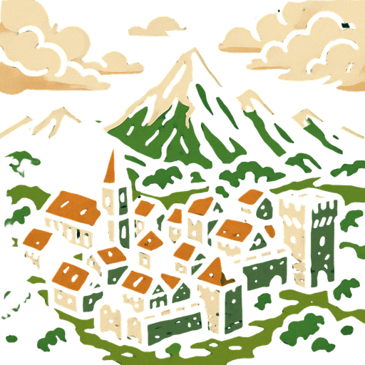 Üstten görünen bulutlu bir hava va aşağıda dağlar ve orta çağ kasabası.
In-Game asset.  2d.  High contrast.  No shadows