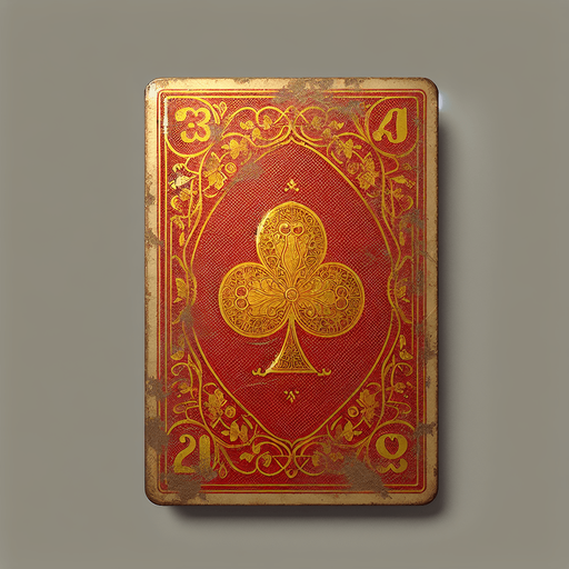 The back of a card. It's a faded red color and features a beautiful gold Edwardian design. The cards look slightly old, as if used for many years..
Single Game Texture. In-Game asset. 2d. Blank background. High contrast. No shadows.