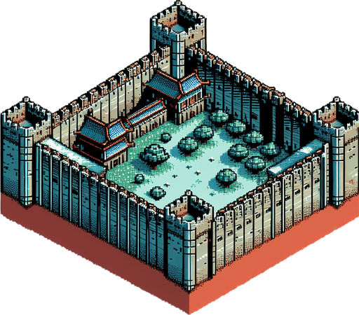 Make an ancient fortress wall facing north in an 8 bit style from a birds eye view.
Single Game Texture. In-Game asset. 2d. Blank background. High contrast. No shadows.