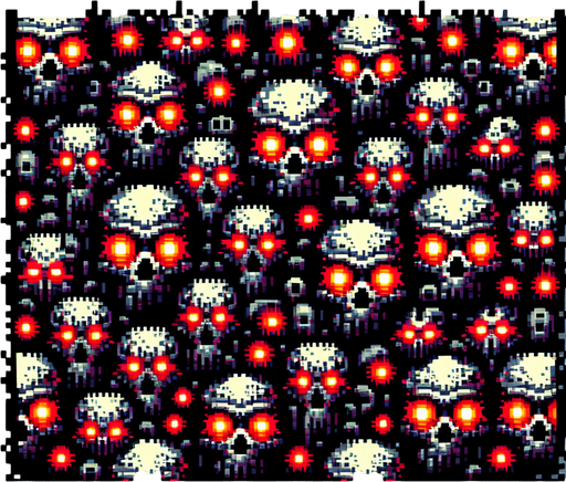 16 bit wall of skulls with red eyes Single Game Texture. In-Game asset. 2d. Blank background. High contrast. No shadows.