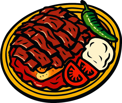 İskender kebap.
In-Game asset.  2d.  High contrast.  No shadows