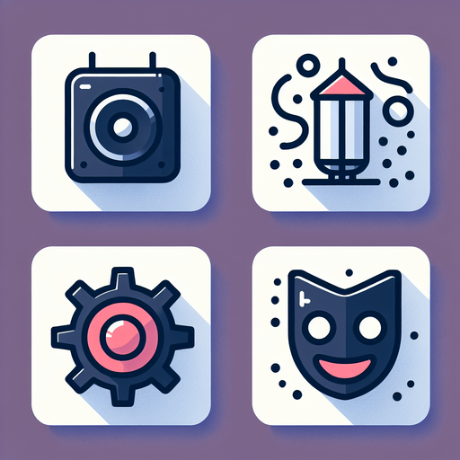 Collection of high definition modern rounded squares buttons.
icons : speaker; confettis;  settings (cog), smilling theater mask
Simple backgrounds. 
Few colours.