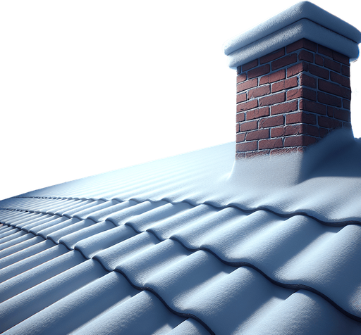 close up of a Snow covered roof, Winter scene, star lit night sky, brick chimbly on right hand side, Single Game Texture. In-Game asset. 2d. Blank background. High contrast. No shadows.