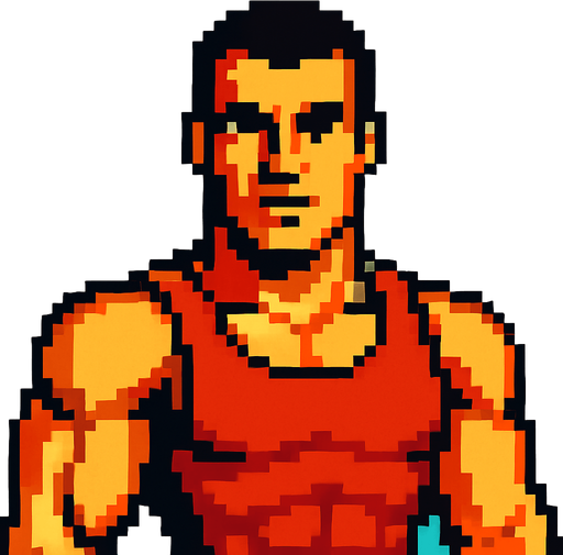 Hombre atlético mirando a la cámara pixel art.
In-Game asset.  2d.  High contrast.  No shadows
