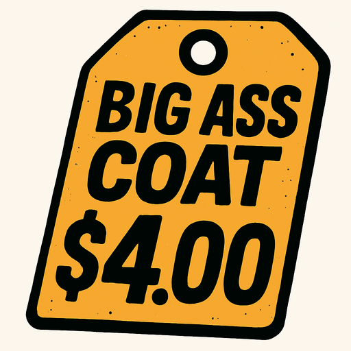 Price tag that says big ass coat $4.00.
In-Game asset.  2d.  High contrast.  No shadows