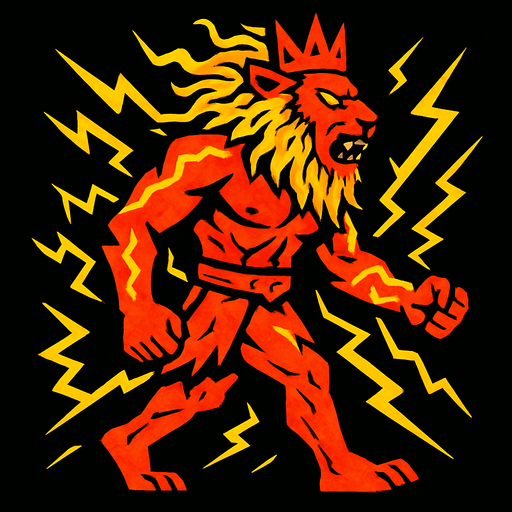 aslan ve insan karışımı yıldırımla kaplı bir canavar kralı sağdan sola yürüyen.
In-Game asset.  2d.  High contrast.  No shadows