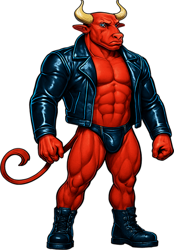 idle animation hunky Minotaur man Cyberpunk manga, minotaur monster hunk, shiny black leather biker jacket longsleeves shirtless muscles, jockstrap combat boots, Background removed, "Full-body character, entirely in frame, no cropping of face, head, or feet" "Complete character visible, from horns to hooves, fully centered in the image" "Entire character, including face and boots, fully within the frame" Character fully contained within a square frame, no edges cut off fashion model idle pose