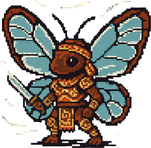 Generame un guerrero azteca con patrones, estilo pixelar, además será una Mariposa alas de vidrio (Greta oto), unidad voladora con alas, con efectos de viento. Tiene que ser un animal..
In-Game asset.  2d.  High contrast.  No shadows