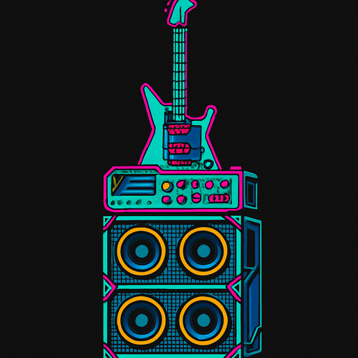 Torre de guitarra moderna, futurista con amplificacion..
In-Game asset.  2d.  High contrast.  No shadows