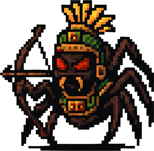 Genérame una Araña guerrero azteca con eso patrones, estilo pixelar, con una apariencia maligna, ojos rojos, rabioso. Unidad a distancia, con un arco o cerbatana. Animal.
In-Game asset.  2d.  High contrast.  No shadows