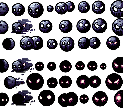 A sprite sheet of evil dark and dangerous looking planets with their eyes closed and their eyes open..
Single Game Texture. In-Game asset. 2d. Blank background. High contrast. No shadows.