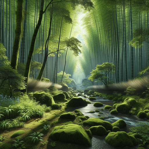 "A lush bamboo forest scene designed to be seamlessly tiled horizontally. On the left half of the image, focus on sunlight filtering through leaves, creating a dappled pattern on the ground. Add moss-covered rocks and a small stream starting from the left edge and flowing towards the center. Ensure that the elements near the center of the image are positioned in a way that they can be seamlessly mirrored to the right side, creating a continuous scene when two copies of the image are placed side-by-side."

Here are some additional tips to keep in mind:

Symmetrical Elements: Try to place some elements symmetrically around the center line (e.g., a large rock or a bend in the stream) to create a visually pleasing transition between the two halves.
Consistent Lighting: Ensure the lighting and shadows are consistent across the image so that the two halves blend together seamlessly.
Edge Blending: If possible, slightly blur or soften the edges of the image near the center line to help smooth out the transition when the images are tiled..
Single Game Texture. In-Game asset. 2d. Blank background. High contrast. No shadows.