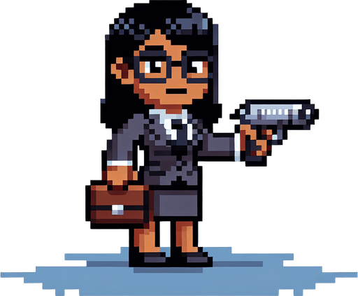 Single Game Texture. In-Game asset. 2D. Blank background. High contrast. No shadows. A pixel-art HR professional wearing a suit and tie, glasses, and holding an oversized cartoonish gun. The character should have a confident stance, professional yet whimsical, styled for a retro game.
Single Game Texture. In-Game asset. 2d. Blank background. High contrast. No shadows.