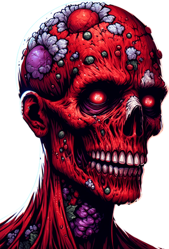 make a red animation style zombie but not realistic.
Single Game Texture. In-Game asset. 2d. Blank background. High contrast. No shadows.