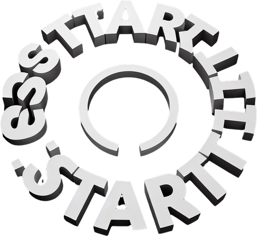 Top view of white Letters « START » following a round path.
Black background