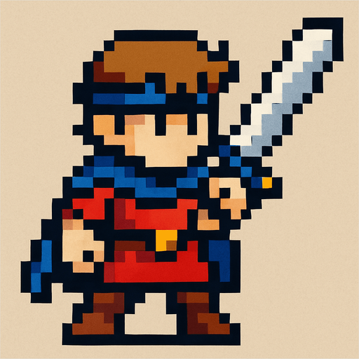 2d hero swordsman pixel sprite.
In-Game asset.  2d.  High contrast.  No shadows