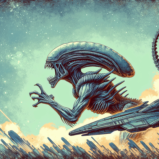 Draw a scary and grotesque alien, similar to the ones from the movie Alien, attacking a spaceship positioned at the bottom of the screen..
Single Game Texture. In-Game asset. 2d. Blank background. High contrast. No shadows.