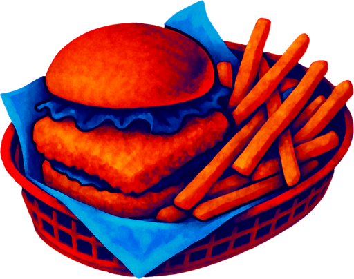 A fish burger and fries in a basket lined with paper.