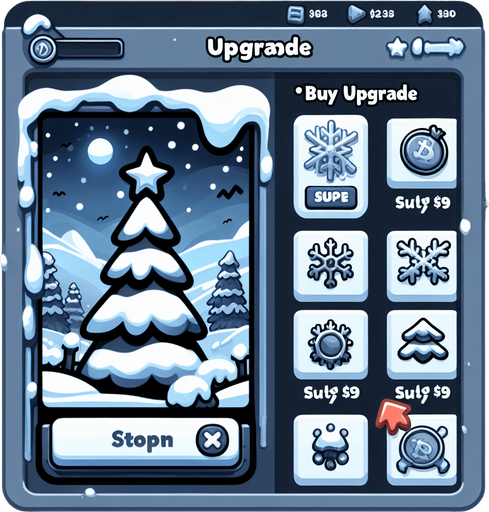 A buy upgrade button, winter theme, no text Single Game Texture. In-Game asset. 2d. Blank background. High contrast. No shadows.