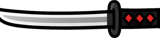 Draw a 2D side-view katana with a sleek silver blade and a black-and-red hilt, in a flat cartoon style suitable for an action game. The sword should be horizontal with a transparent background.
In-Game asset.  2d.  High contrast.  No shadows