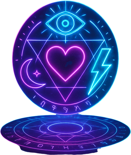 Magical spell effect 3d cyberpunk hologram sigils geometry eyeball heart lightning glow