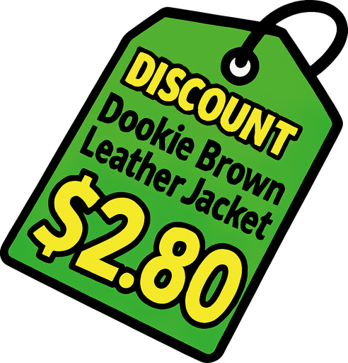 green price tag that says discount Dookie Brown Leather Jacket $2.80.
In-Game asset.  2d.  High contrast.  No shadows
