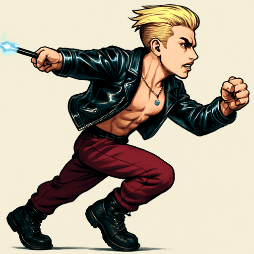 Arm positions & leg positions switched, reversed, Cyberpunk manga, side profile view running animation frames, shiny black leather biker jacket longsleeves shirtless thin abs pecs necklaces gemstone tipped wand, action shot wand pointed straight in front arm extended wand casting spell fierce fashion pose animation blonde undercut pompadour, vampire fangs, wine red joggers, combat boots, Background removed, "Full-body character, entirely in frame, no cropping of face, head, or feet" "Complete character visible, from head to toe, fully centered in the image" "Entire character, including face and boots, fully within the frame" Character fully contained within a square frame, no edges cut off,