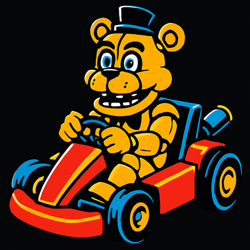 Un oso dorado animatronico en un kart.
In-Game asset.  High contrast.  No shadows