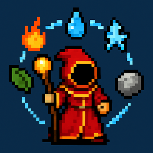A pixel style magician from Magicka who has an arc around him of elements to be casted (fire, water, ice, rock, etc).
In-Game asset.  2d.  High contrast.  No shadows