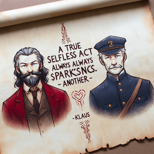 a pergament with Klaus and Jesper from the movie Klaus. There is the text: "A true selfless act always sparks another. -Klaus"