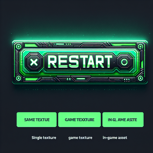 futuristic video game green long rectangle button with the text saying "RESTART".
Single Game Texture. In-Game asset. 2d. Blank background. High contrast. No shadows.