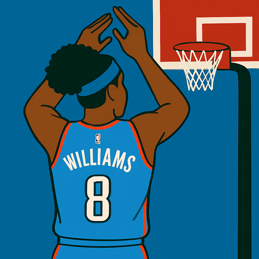 Change player to Jalen Williams in a blue thunder uniform with blue headband