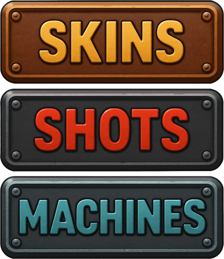 pack of different 3 buttons "skins""shots""machines", metal texture, different color for metal and for text.
In-Game asset.  2d.  High contrast.  No shadows