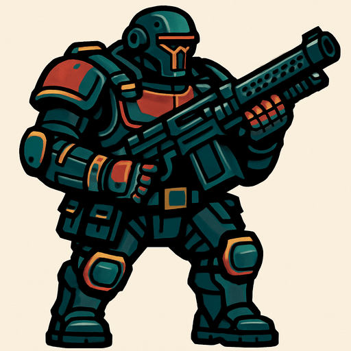 ağır silahlı savaşçı.
In-Game asset.  2d.  High contrast.  No shadows