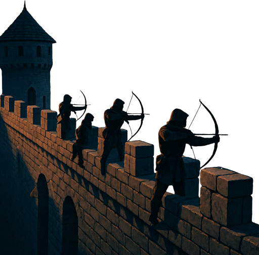 A high medieval castle wall overlooking the land, stone parapets with archers, distant mountains in the fog, early dawn light, realistic.
In-Game asset.  2d.  High contrast.  No shadows