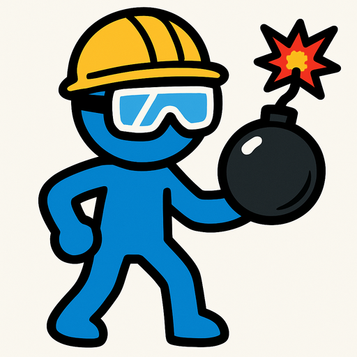 Blue stickman with safety goggles, yellow safety helmet and a bomb.
In-Game asset.  2d.  High contrast.  No shadows