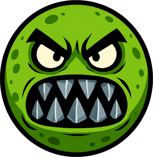 a green scary ball with metal teeth.
In-Game asset.  2d.  High contrast.  No shadows