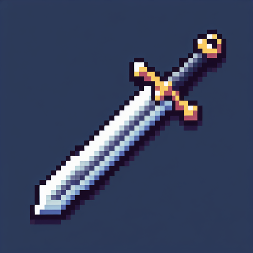 Espada pixelado.
Single Game Texture.  In-Game asset.  2d.  Blank background.  High contrast.  No shadows